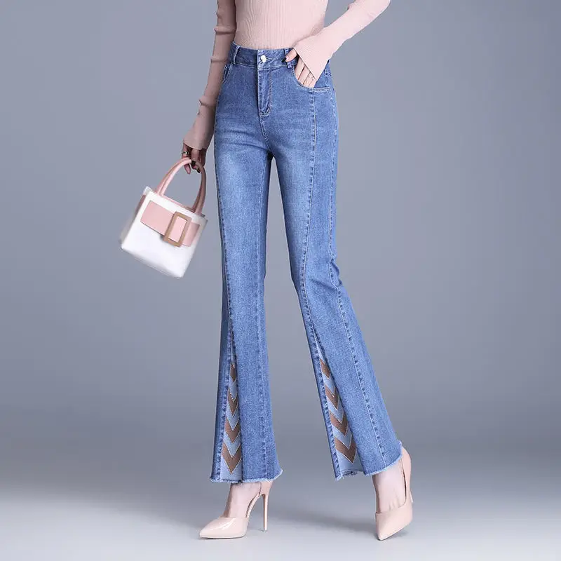 

2024 Spring New High-waisted Bootcut Jeans Korean Commute Elastic Slim Embroidery Spliced Pockets Button Women's Clothing Pants