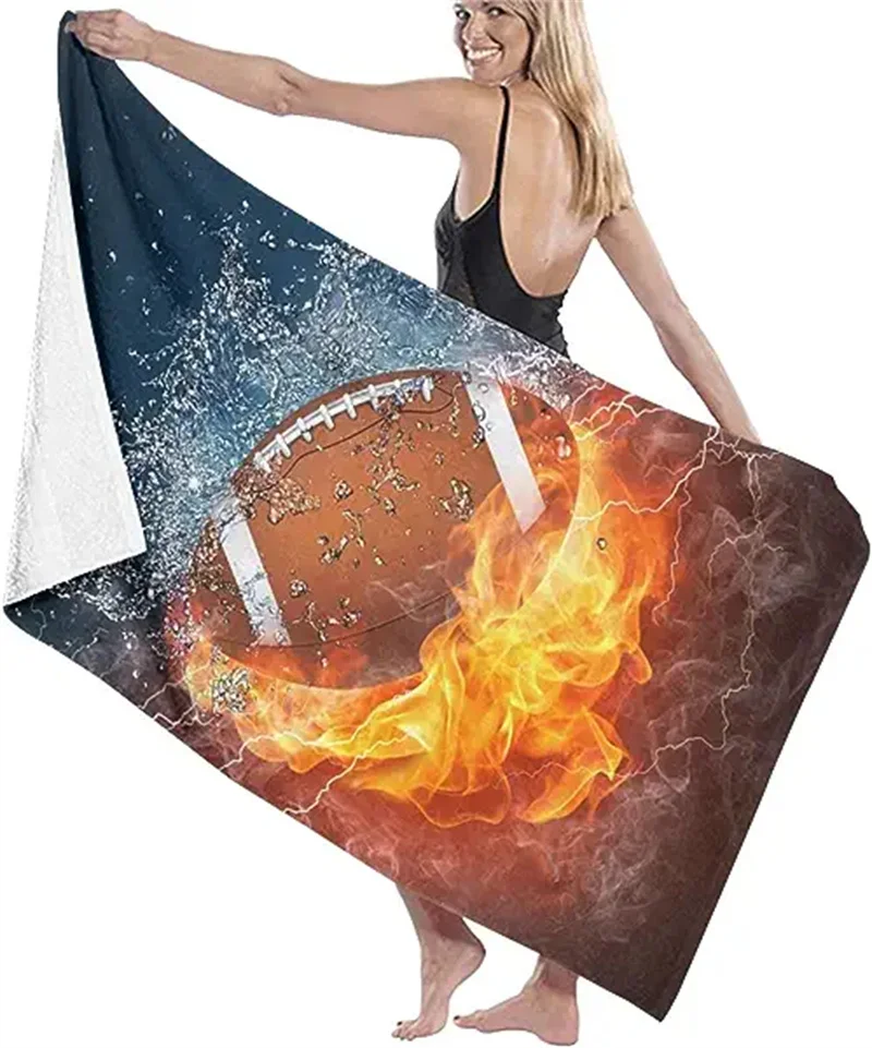 

Sports Themed Football Beach Towels for Boys Men Oversized Towel with Water & Fire Background Large Soft Microfiber Pool Towels