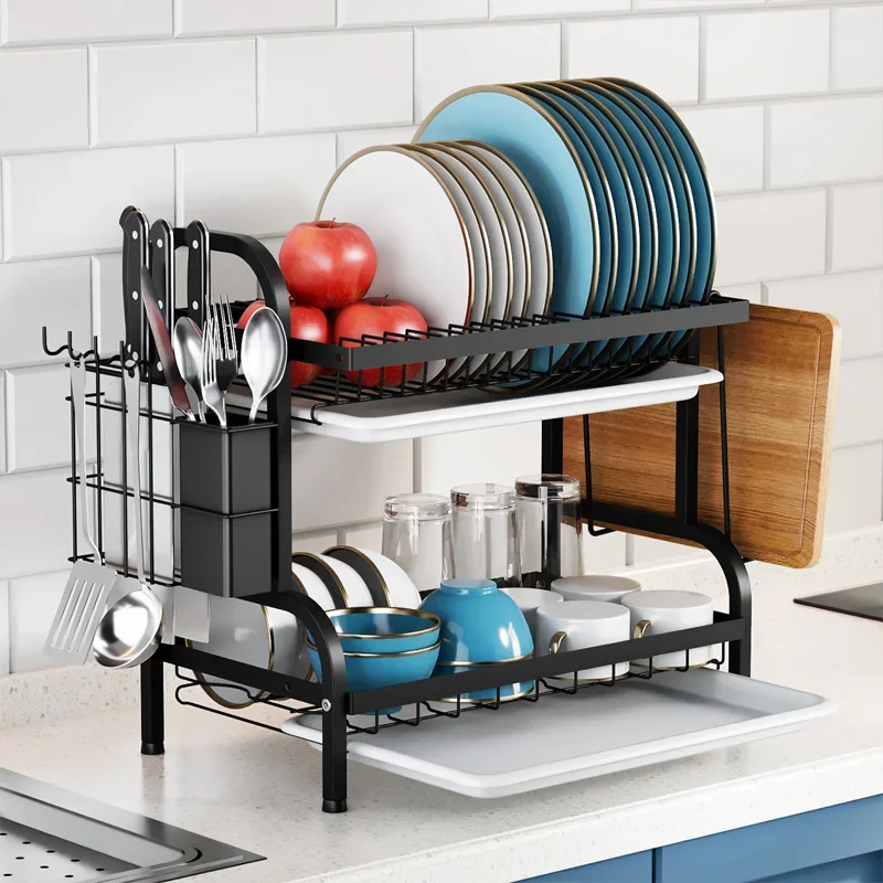 

Dish Drying Rack 2/3 Tier Kitchen Dish Rack with Drainboard Large Tableware Drain Storage Rack Chopsticks Drainboards Organizer