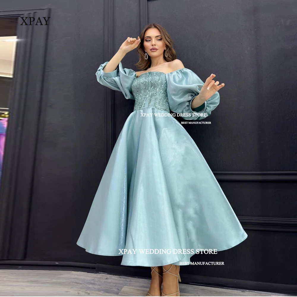 

XPAY Modest Satin A-Line Ankle-Length Prom Dress Strapless Puff Sleeves Dubai Arabia Women Evening Gowns Cocktail Party Dress