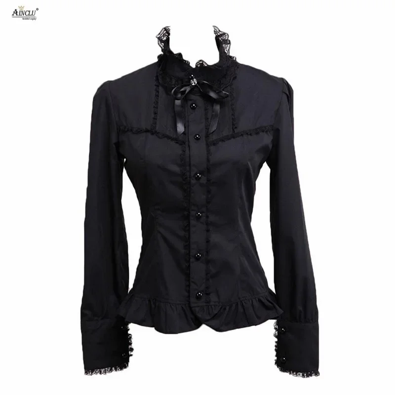 

Women Lady shirt ainclu fashion women's high quality black long sleeves Cotton Lolita top t shirt blouse with lace