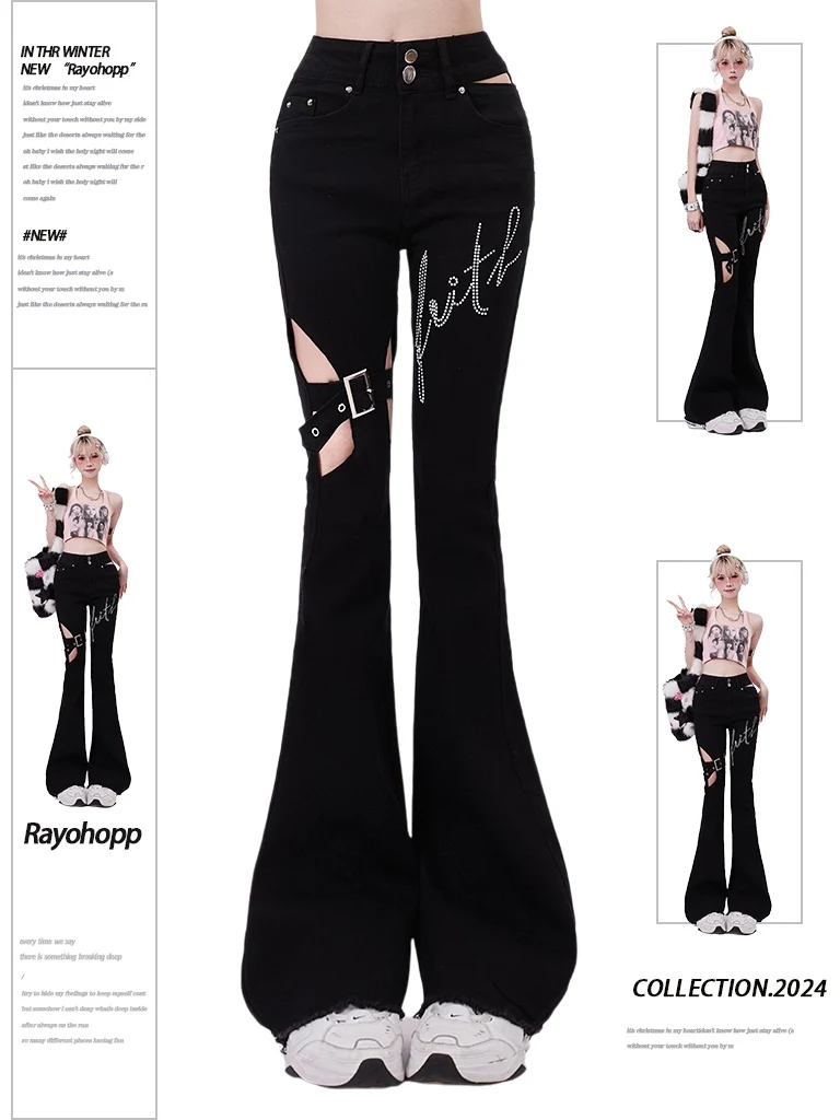 

Women's Black Gothic Flare Jeans Baggy Aesthetic Vintage Cowboy Pants Harajuku Denim Trousers Y2k Emo 2000s Trashy Clothes 2024