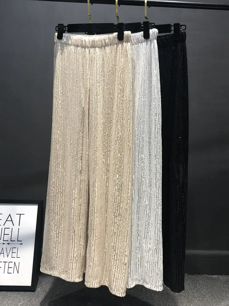 

Silver Full Sequined 2024 Women Wide Leg Pant Elastic Waist Bling Luxury Chic Capris Casual Gold Long Pant Female Club