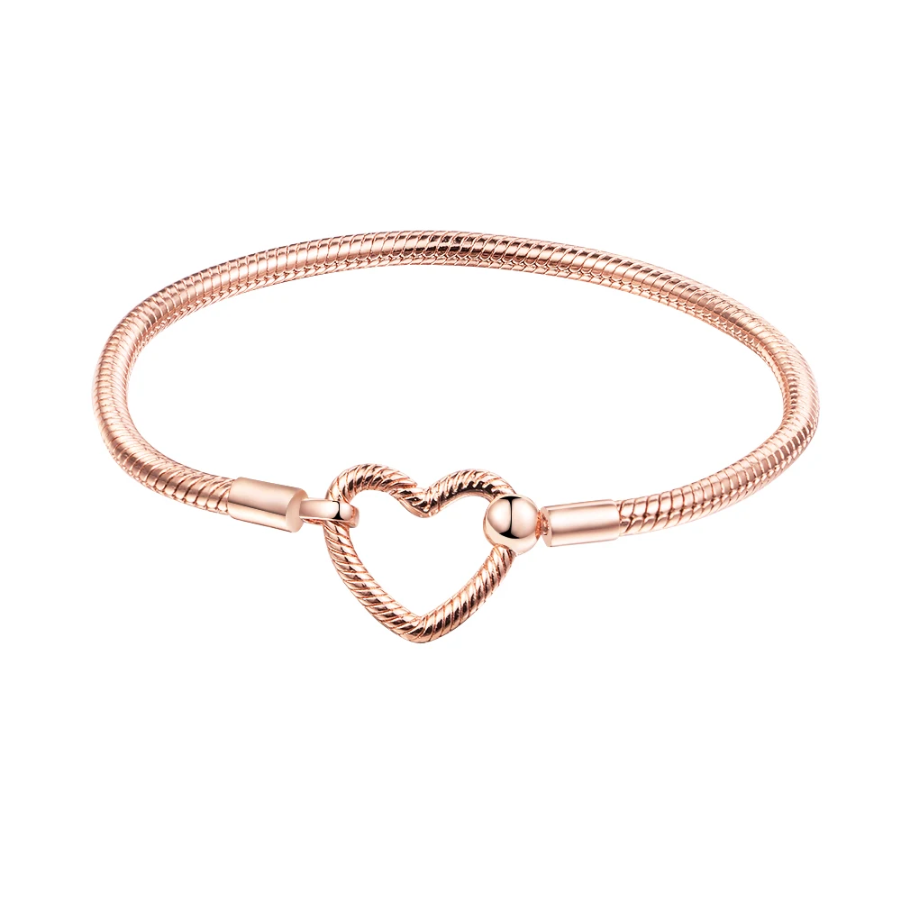 

Moments Heart Closure Snake Chain Rose Bracelets 925 Sterling Silver Bracelets for Women DIY Charms Jewelry Making Pulseras