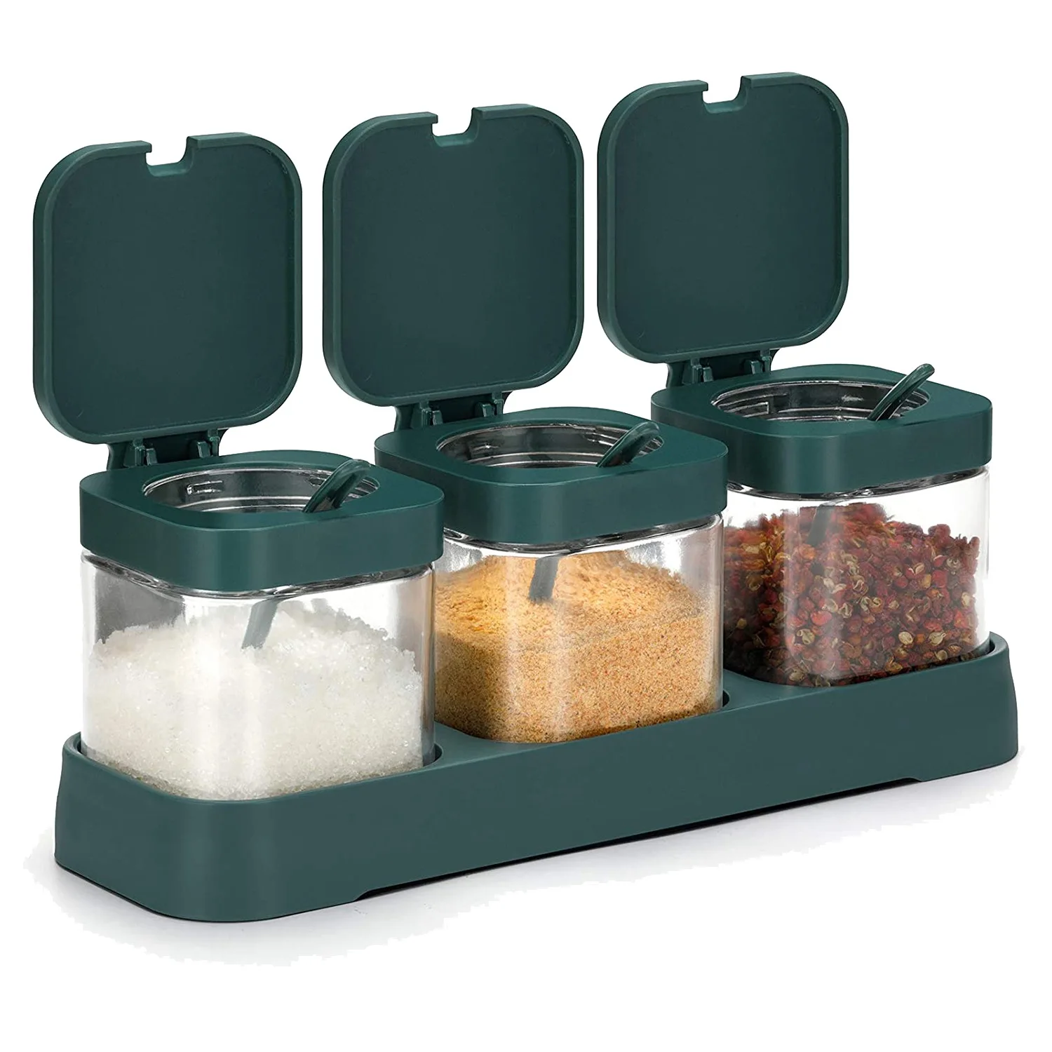 

Контейнер для приправ набор контейнеров для специй из 3 предметов с крышками и ложками, прозрачные стеклянные канистры для приправ, для кухни, зеленый