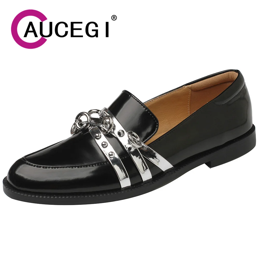 

Aucegi Brand Fashion Women's Genuine Leather Pumps 2023 Metal Decoration Round Toe Walking College Student British Style Shoe