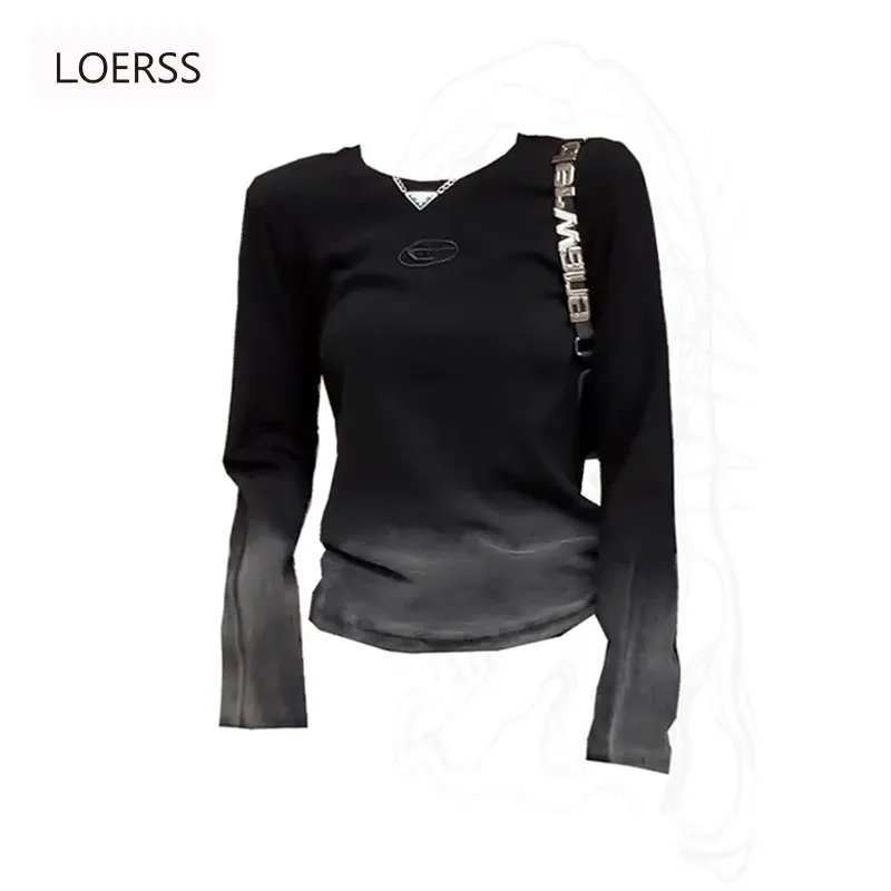 

LOERSS T-Shirt Women's Black Gothic Gradient Long Sleeve T-Shirts Streewear Vintage 90s Aesthetic Y2k Top Tee Harajuku Clothes