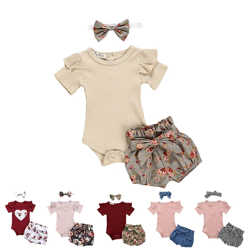 

Комплект летней одежды для новорожденных девочек, однотонный комбинезон с коротким рукавом, шорты с цветочным принтом, повязка на голову, комплект из 3 предметов, Одежда для новорожденных
