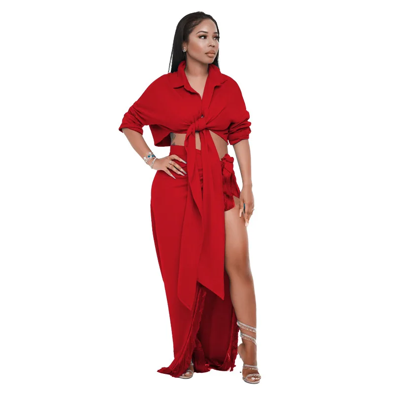 Women Solid 2 Piece Tassel Skirt Sets Party Dress Outfits Long Sleeve Lace Up Shirt Crop Top Bandage High Split Maxi Skirts Suit
Women Solid 2 Piece Tassel Skirt Sets Party Dress Outfits Long Sleeve Lace Up Shirt Crop Top Bandage High Split Maxi Skirts Suit