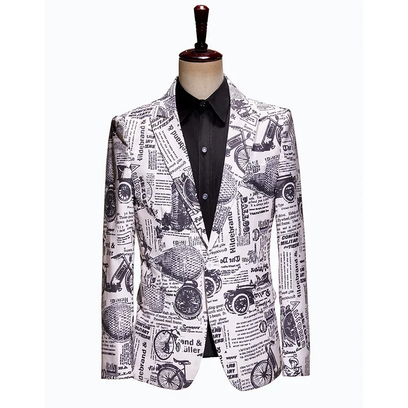 

Fashion Newspaper Pattern Patchwork Suit Jacket Men Brand One Button Notched Lapel Dress Blazers Party Prom Casual Costume Homme