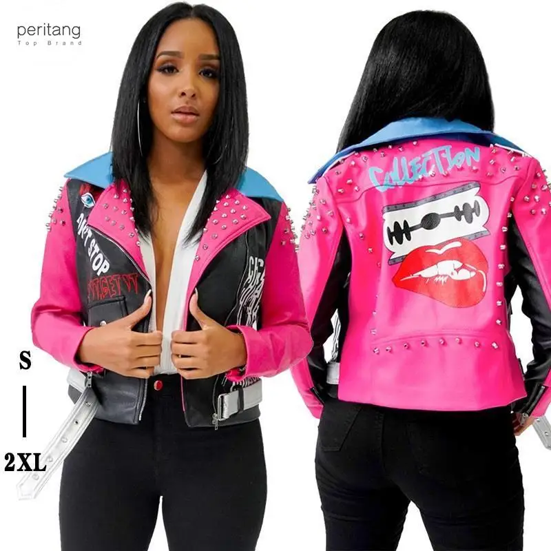 2023 Spring Autuman Women's Rivet Printing Lapel Contrast Color Zipper PU Leather Fashionable Coat Long-sleeve Short Jacket
2023 Spring Autuman Women's Rivet Printing Lapel Contrast Color Zipper PU Leather Fashionable Coat Long-sleeve Short Jacket