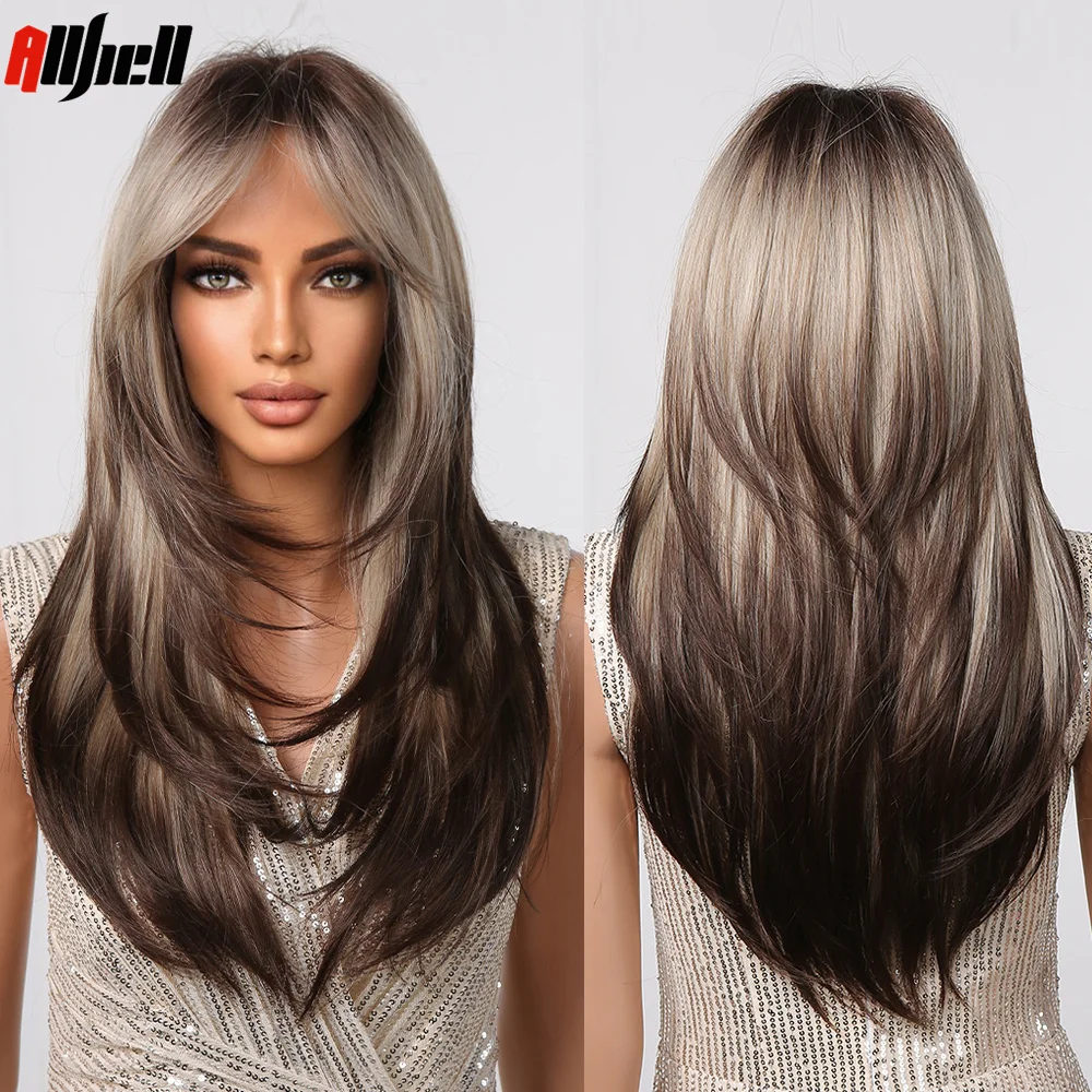 

Blonde Ombre Layered Synthetic Wigs with Bang for Women Long Straight Hair Dark Brown Highlights Wig Heat Resistant Cosplay Use