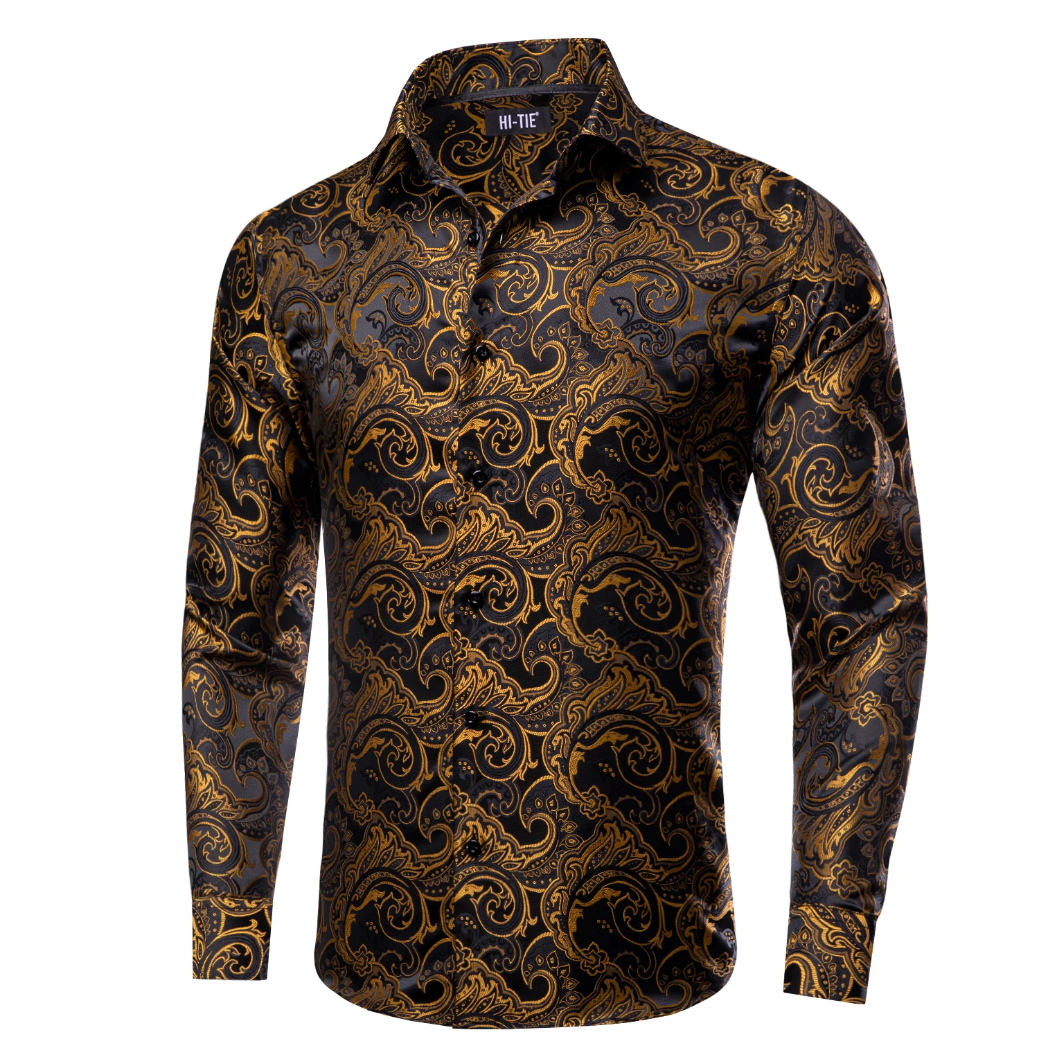 

Hi-Tie Gold Black Men's Shirts Luxury Silk Long Sleeve Paisley High Qulity Jacquard Shirts For Male Business Wedding Party Gifts