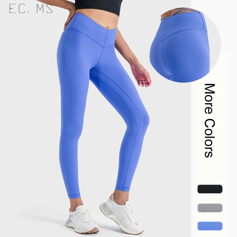 

Women Yoga Leggings V Waistband with Thin Strap Rib High Stretchy GYM Exercise Pants