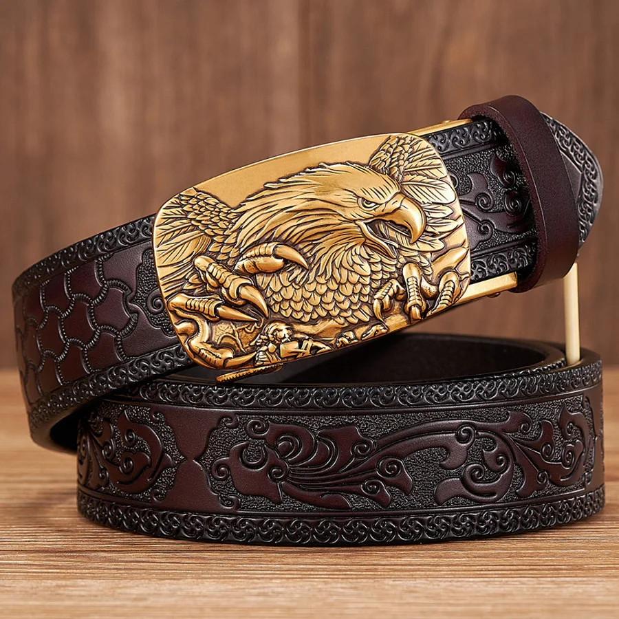 

3.5CM Eagle Alloy Automatic Buckle Cowskin Leather Belt Quality Men Strap Genuine Leather Gift Bussiness Belt For Jeans cinto