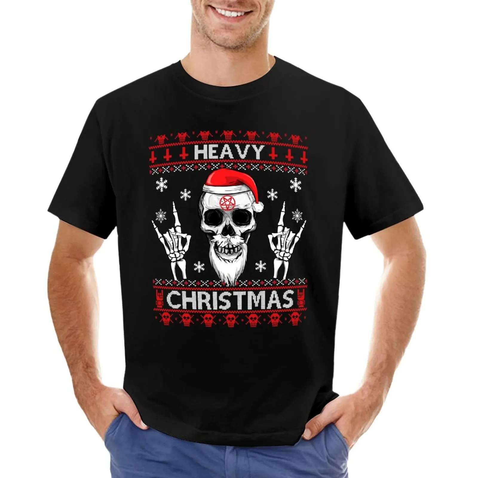 

HEAVY CHRISTMAS - Ugly Xmas Sweater - HEAVY DEATH BLACK METAL Rocker Rock Horns T-Shirt oversized blanks funny t shirts for men