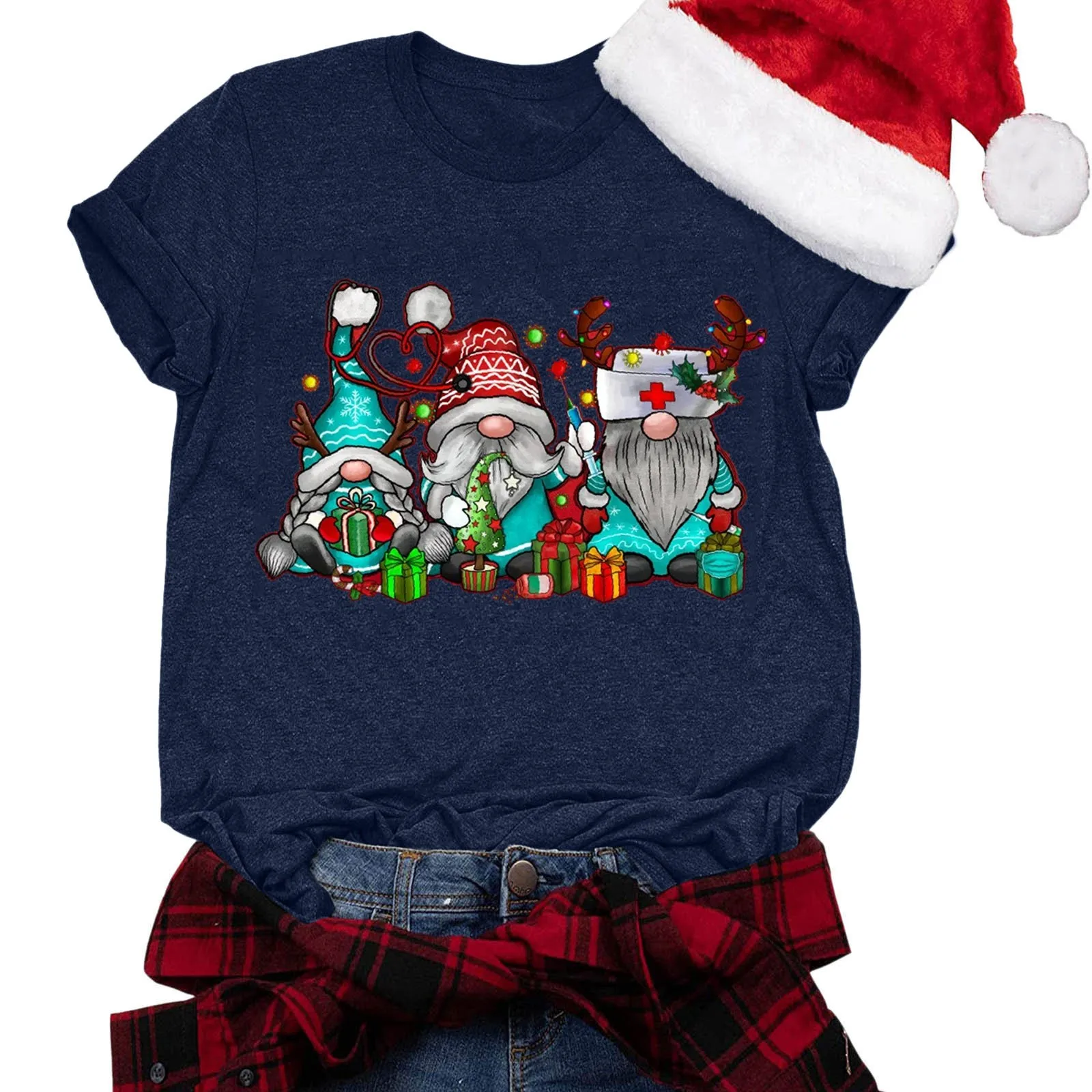 

2023 Merry Christmas T-Shirts Women's Xmas Clothing Santa Clause Print Tee Shirt Tops for 2024 New Year Christmas Clothes Women