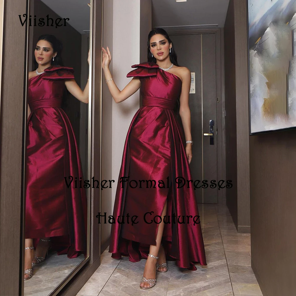 

Burgundy Taffeta Mermaid Evening Dresses One Shoulder Arabian Dubai Prom Dress with Slit Floor Length Formal Occasion Gowns