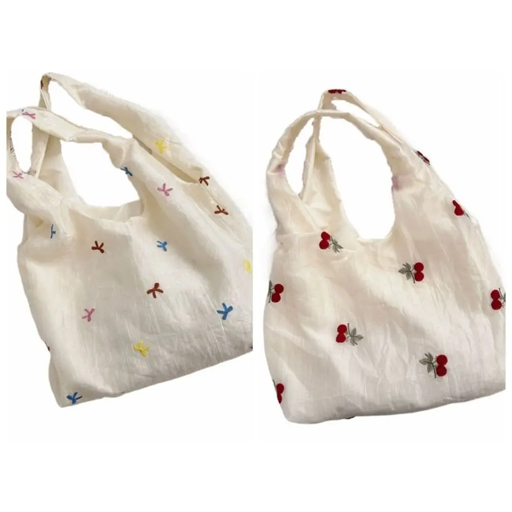 Simple Embroidered Bow Tote Bag Chiffon Solid Color Cherry Shoulder Bag Light Weight Korean Style Canvas Underarm Bag Handbag Simple Embroidered Bow Tote Bag Chiffon Solid Color Cherry Shoulder Bag Light Weight Korean Style Canvas Underarm Bag Handbag
