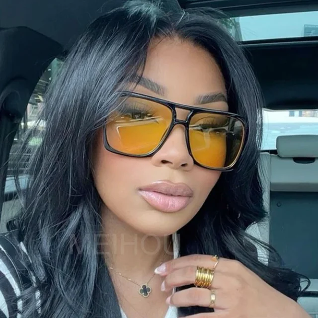 Lunettes de soleil vintage à double pont jaune pour femmes, monture carrée respirante, nuances de luxe, lunettes de soleil pilote pour femmes 2