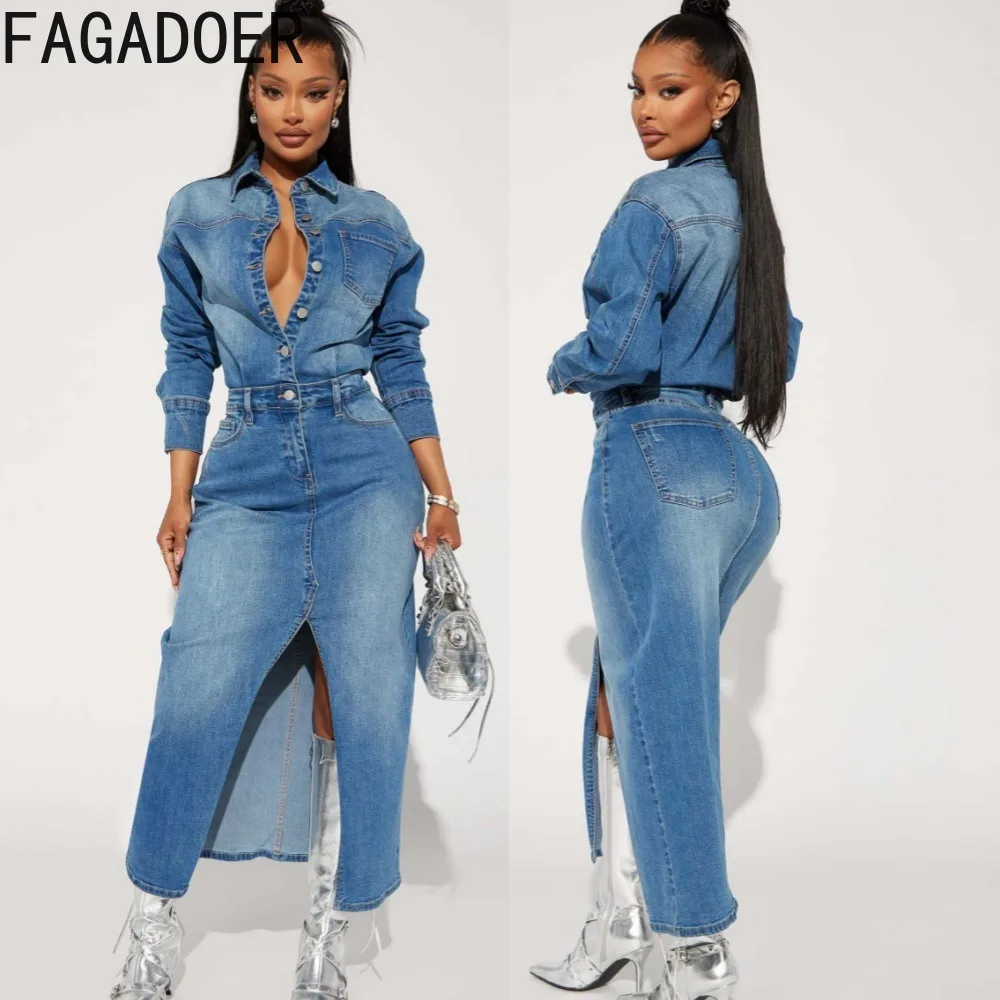 

FAGADOER Vintage Blue Fashion Slit Denim Dress Women Turndown Collar Long Sleeve Button Slim Vestidos Spring New Cowboy Clothing