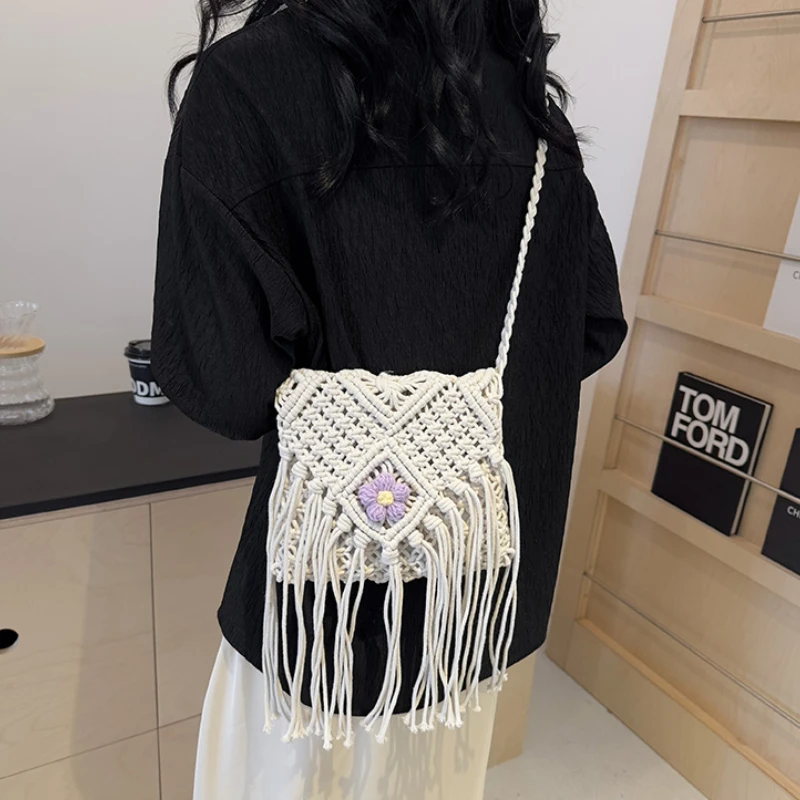 

Bohemia Tassel Woven Bag2024New Models Internet Celebrity Single Shoulder Crossbody Bag Tassel Hanging Ear Design Exquisite Bag