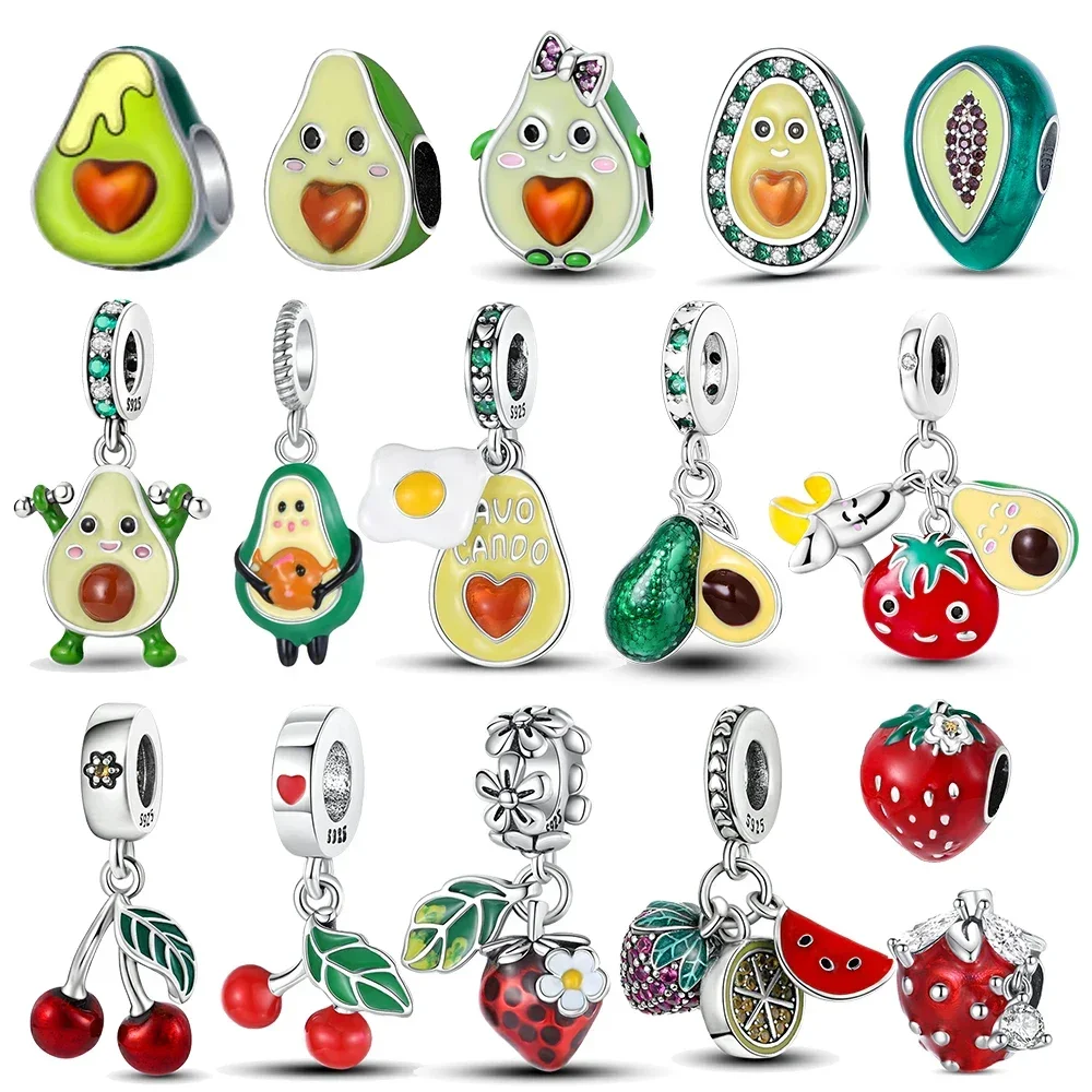 

925 Sterling Silver Fashion Avocado Strawberry Cherry Fruit Series Charms Bead Fit Pandora Original Bracelets DIY Jewelry Making