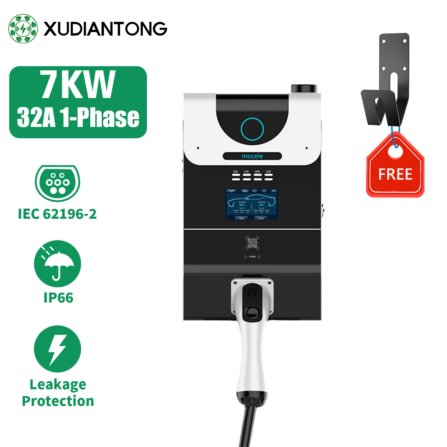 

XUDIANTONG 32A 1 Phase EV Charger Electric Vehicle Charging Station 7.2KW with Type 2 6M Cable IEC 62196-2 plug APP Wifi Control