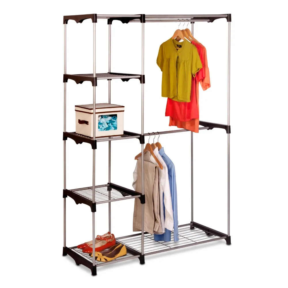 

Hangers Steel and Plastic Double Rod Freestanding Closet With 4 Shelves Wardrobe Free Shipping Clothes Organizer Silver/Black