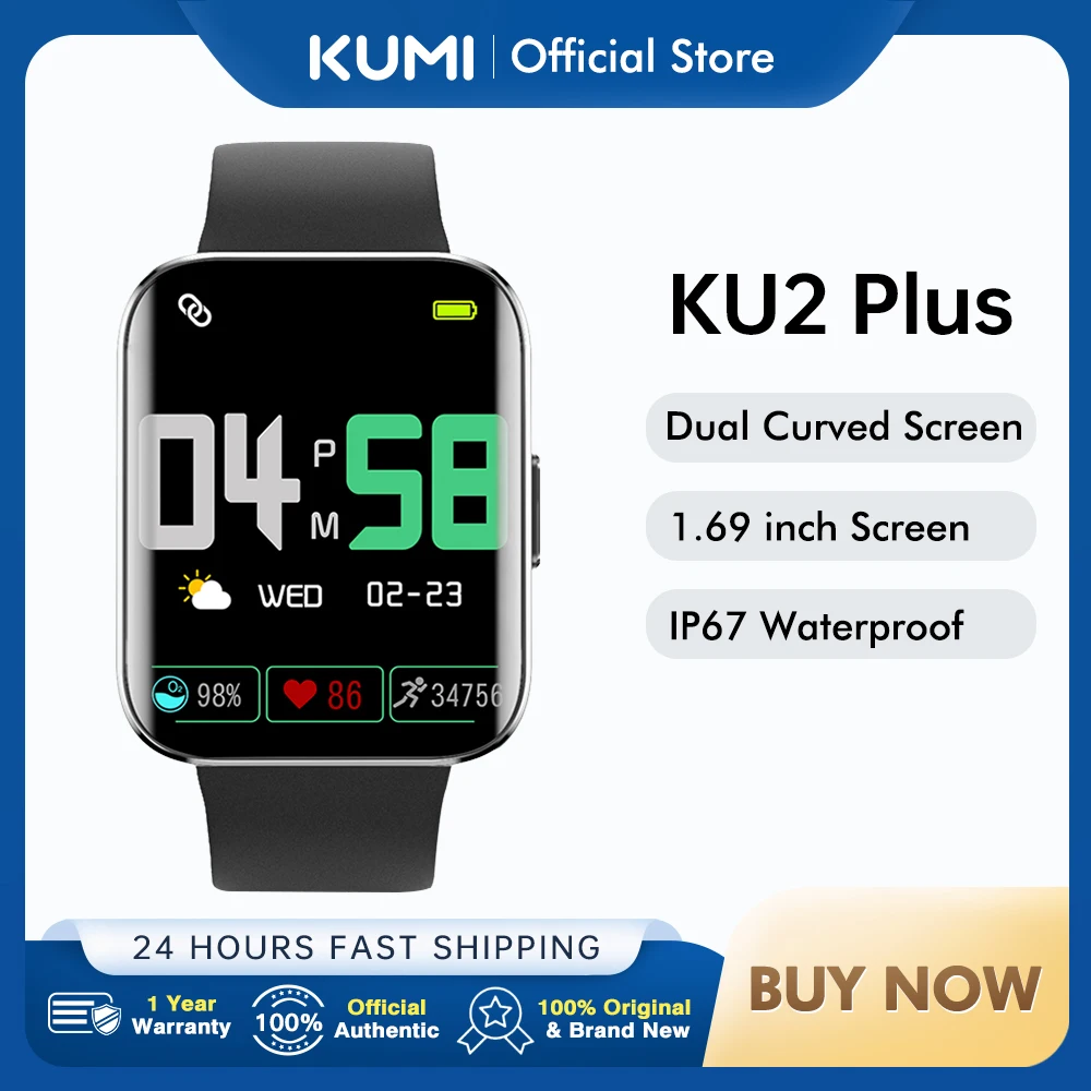 

KUMI KU2 Plus 1.69Inch Dual Curved Screen Men Smart Watch Fitness Heart Rate Monitor Blood Oxygen Smartwatch For Android For IOS
