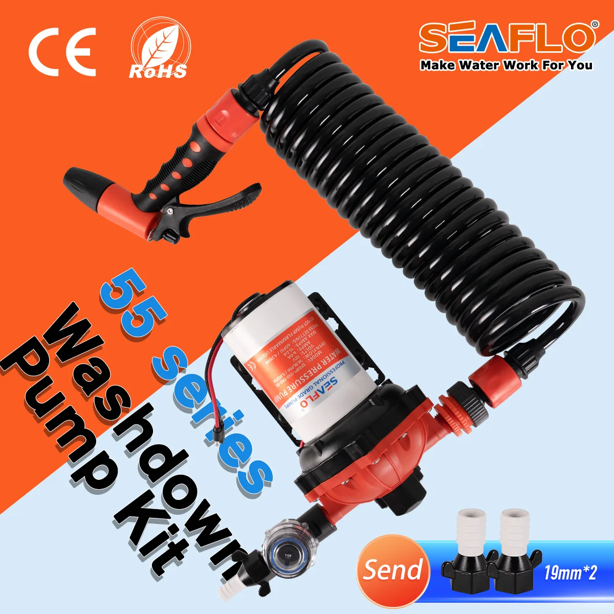 

SEAFLO 55 Series Diaphragm Water Pump Our Heavy-duty Washdown Kit 5.0GPM 60PSI 12V with 6.5m Coiled Hose On-Board