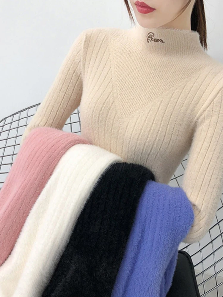 Embroidery Half High Collar Sweaters Women Soft Warm Mink velvet Sweater Autumn Winter Slim Long Sleeve Knitted Jumper Pullover
Embroidery Half High Collar Sweaters Women Soft Warm Mink velvet Sweater Autumn Winter Slim Long Sleeve Knitted Jumper Pullover