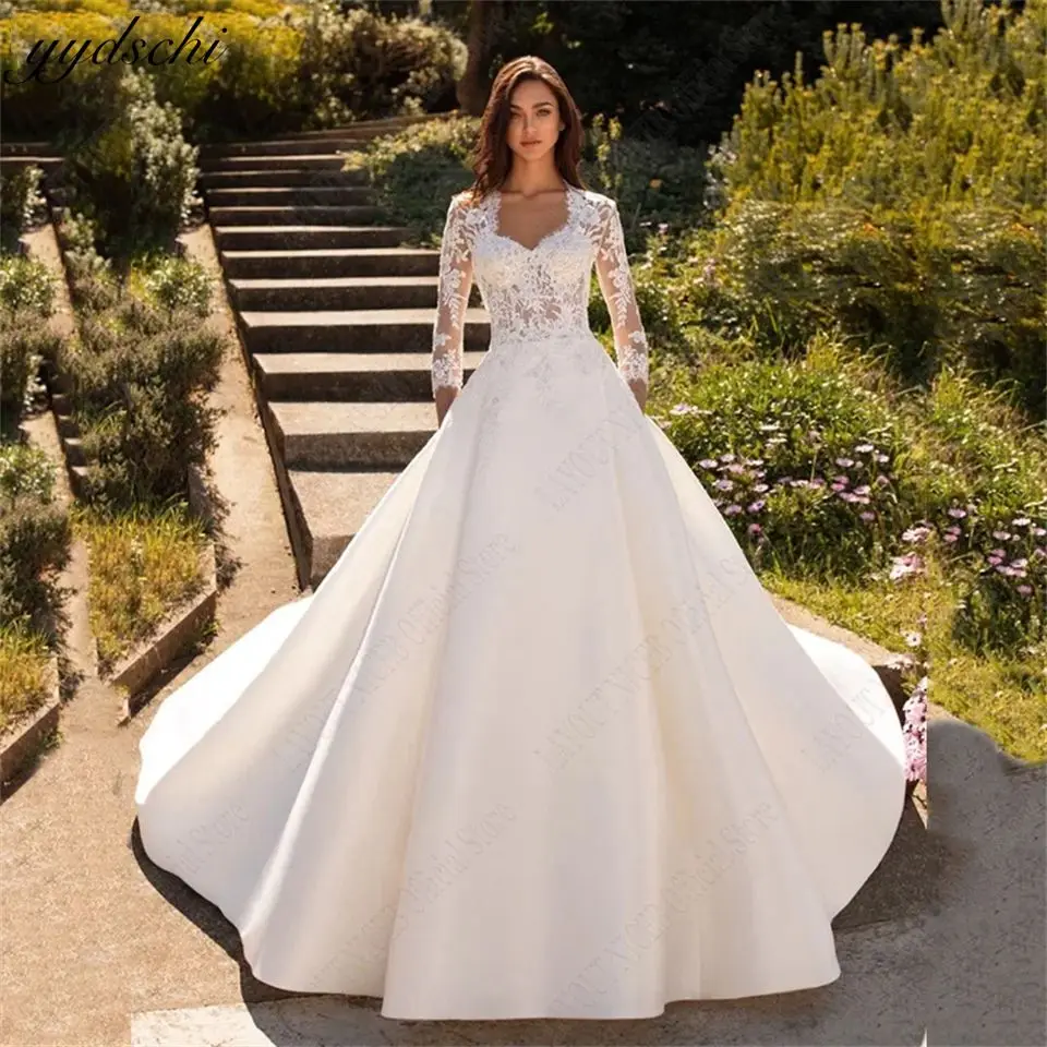 

Элегантное ТРАПЕЦИЕВИДНОЕ ПЛАТЬЕ с вырезом сердечком, с аппликацией, на пуговицах, свадебные платья 2024, свадебное платье со шлейфом