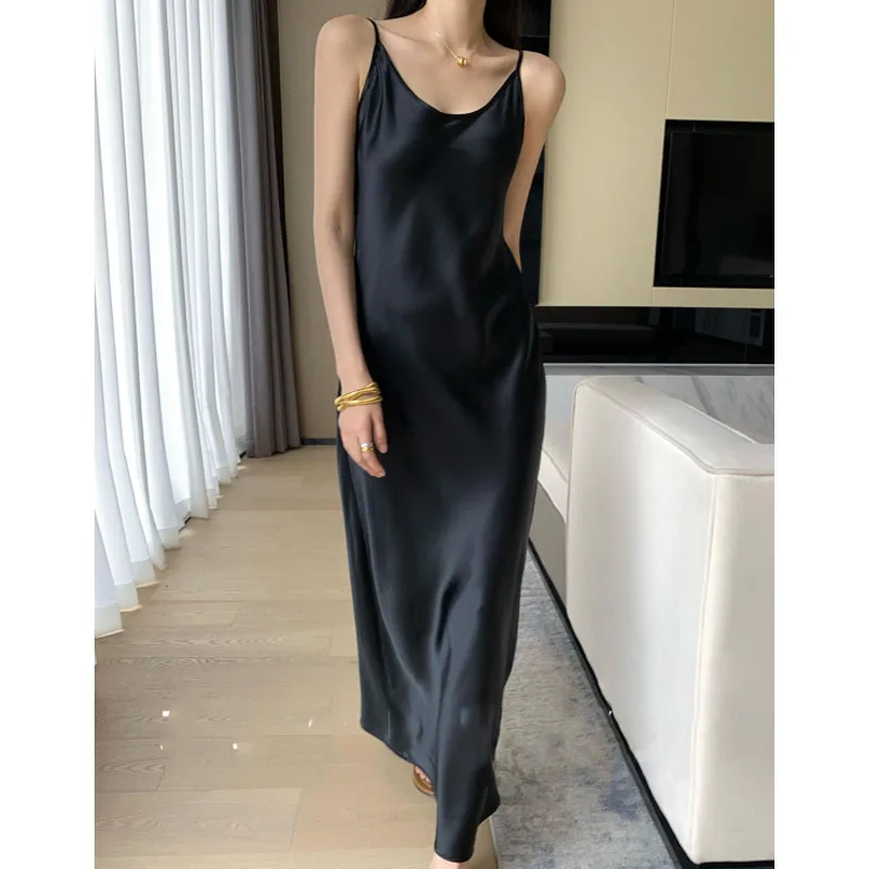 

2024 New Women's Summer Elegant Simplicity U-neck Diagonal Cut Solid Color Sling Fashion Appear Thin Vacation Long Dress