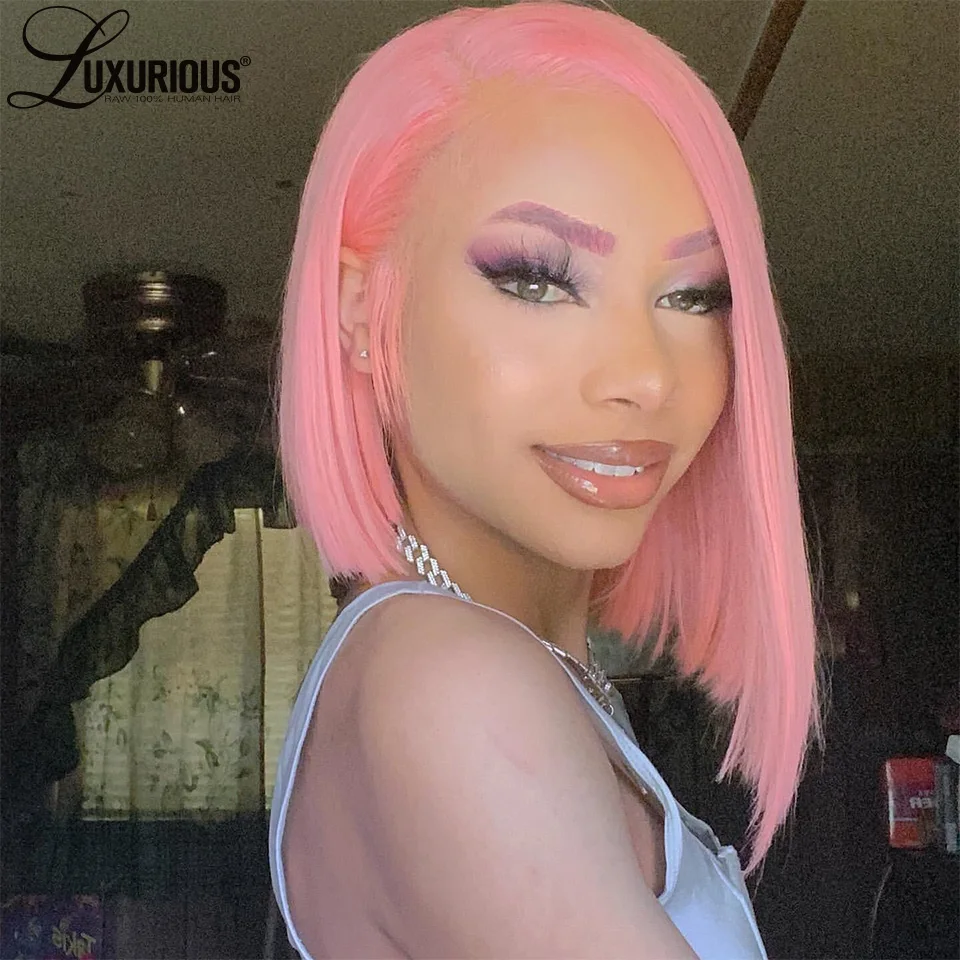 

Pink Pre Plucked 13×4 Transparent Lace Frontal Wig Short Straight Bob Wigs For Black Women Brazilian Virgin Remy Human Hair Wig