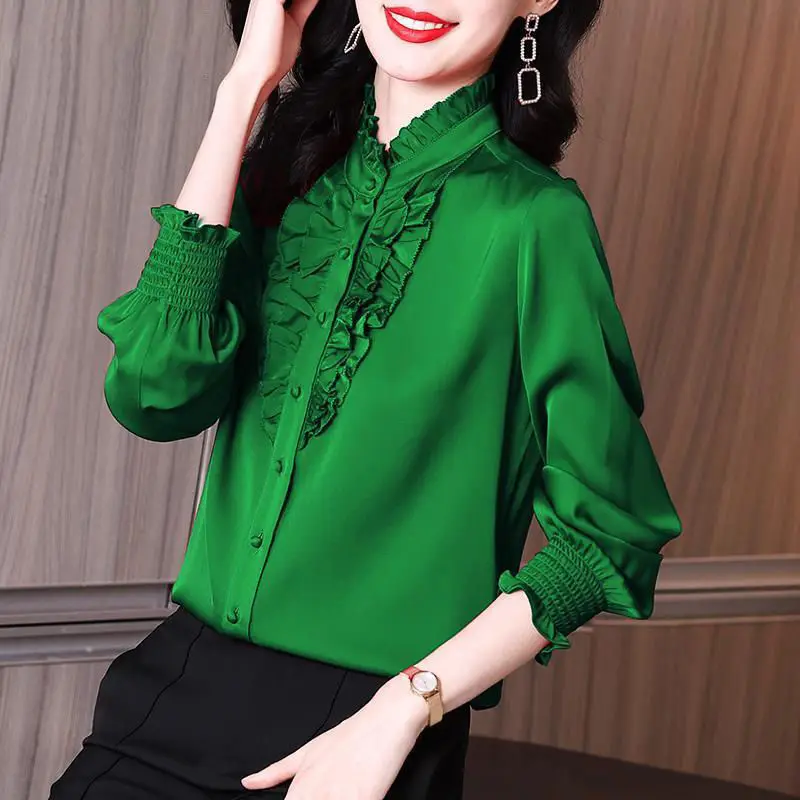 Spring 2022 new women's French niche ruffled black fashion silk shirt top women-blouses Button High Street 
Spring 2022 new women's French niche ruffled black fashion silk shirt top women-blouses Button High Street