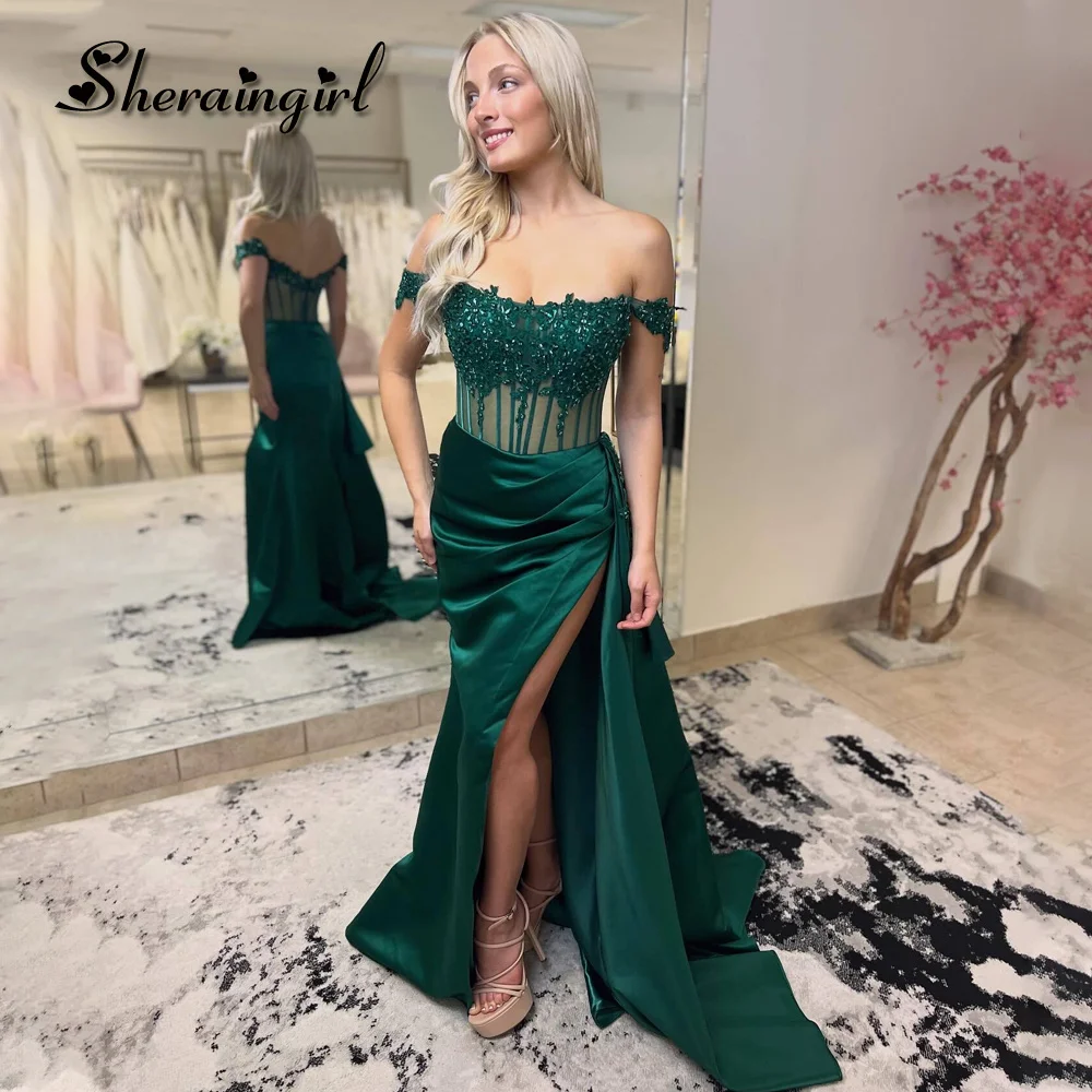 

SHERAIN Charming Pleat Evening Dresses Appliques Off the Shoulder Side Slit Zipper Vestidos Elegantes Para Mujeres Custom Made