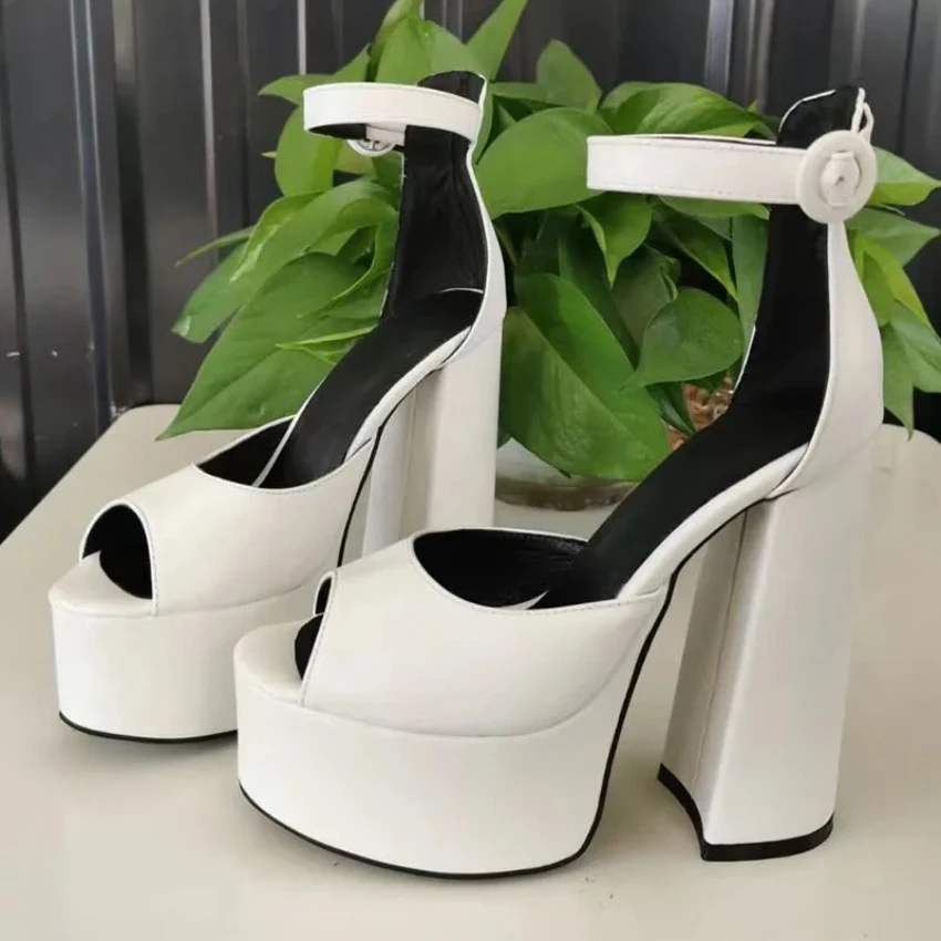 

2024 Handmade Women Summer Sandals Buckle Chunky Heels Peep Toe Beautiful White Ladies Party Shoes US Size 35 43 44 45 46 47