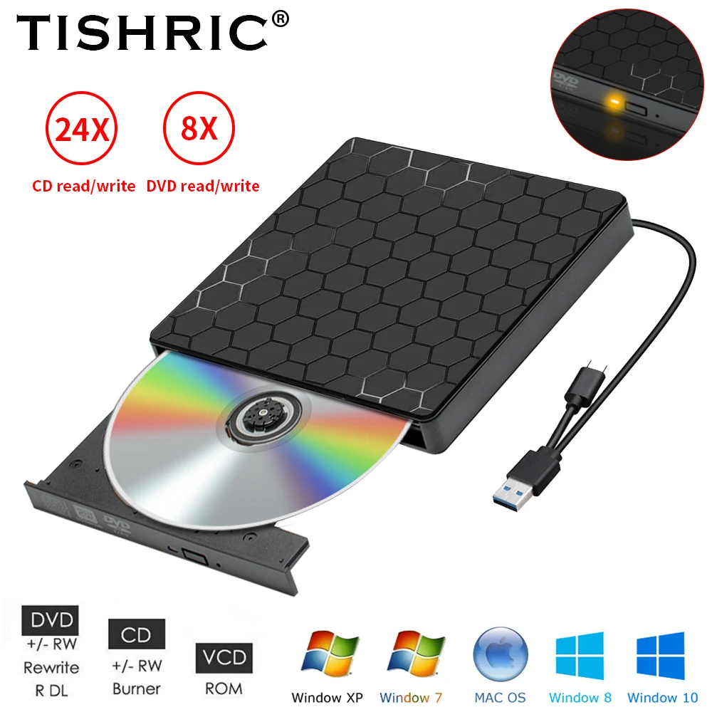 

Внешний привод CD/DVD TISHRIC, USB 3.0 Type-C кабельный привод, Проигрыватель CD DVD RW ROM, Внешний Оптический привод для iMac, ПК, настольного компьютера, ноутбука