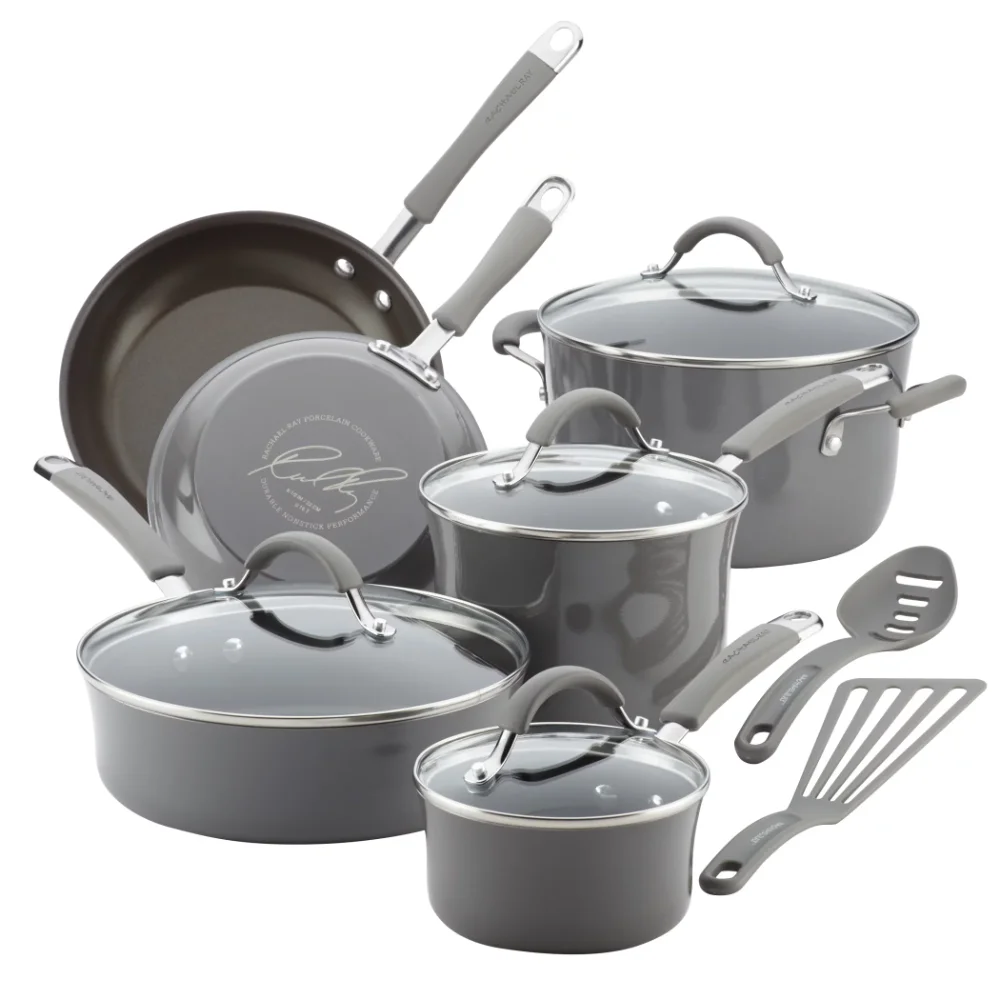 

Rachael Ray Cucina Hard Porcelain Enamel Nonstick Cookware Pots and Pans Set, 12-Piece, Sea Salt Gray