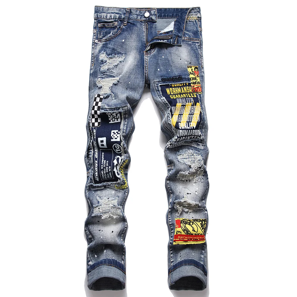 

2023 New Men's Blue Patchwork Ripped Jeans Check Plaid Print Patch Stretch Denim Pants Slim Tapered Distressed Printed Trousers