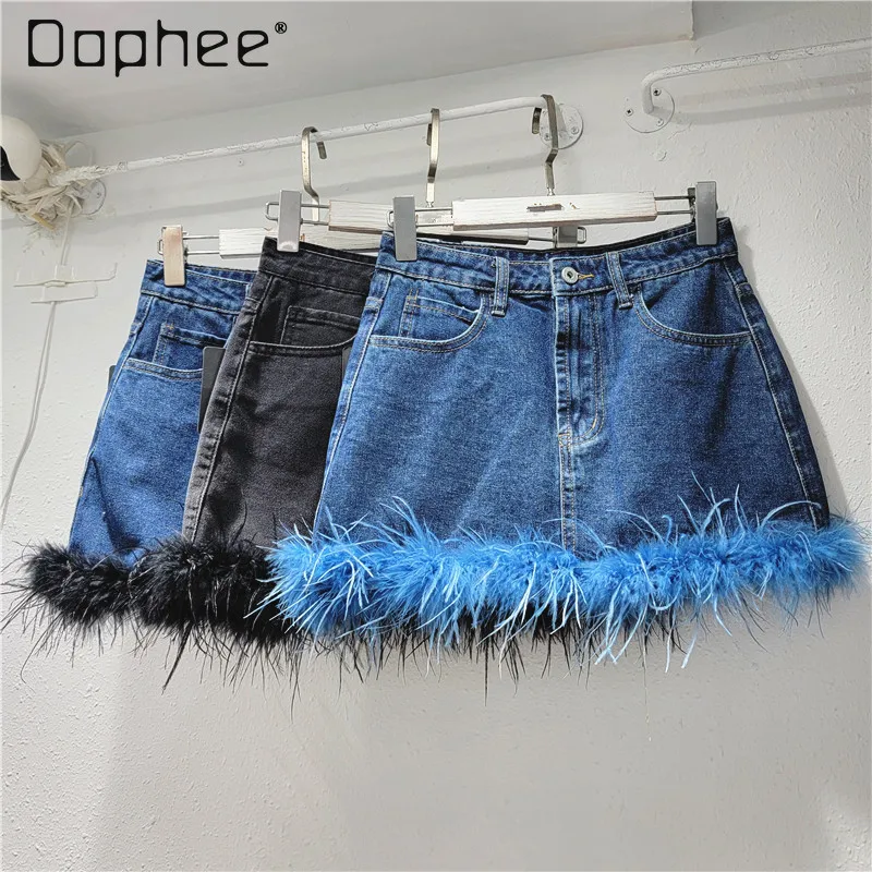 

Sexy Furry Stitching Mini Denim Skirs for Women 2024 Summer New Stylish Woman Slimming High Waisted A- Line Short Jean Skirt