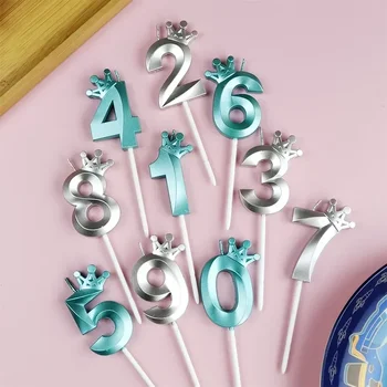 로맨틱 블루 크라운 양초 번호 토퍼, 생일 케이크 장식, 퀸 베이비 샤워, 0-9 숫자 케이크 장식
