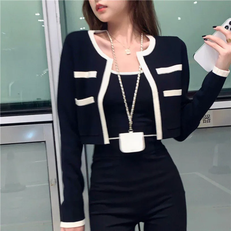 

Women Cardigans Patchwork Cropped Sweaters Open Stitch Designed Hot Streetwear Retro Tricot Trendy Fit Tender Femme Coats O-neck