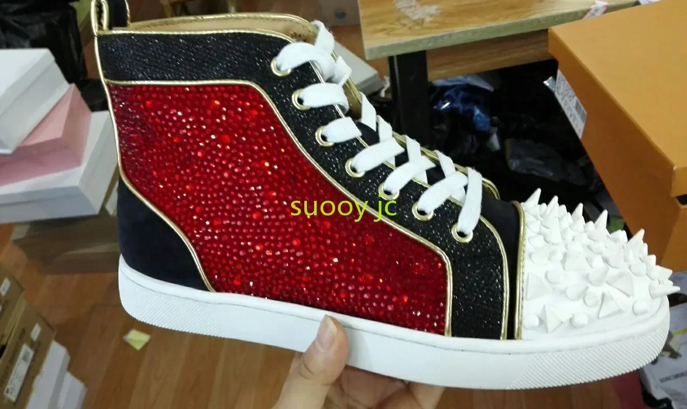 

High Top Sneakers White Gold Spikes Studded Red sole shoes Casual Style Round Toe Tenis Masculine New Brand Designers Chaussures