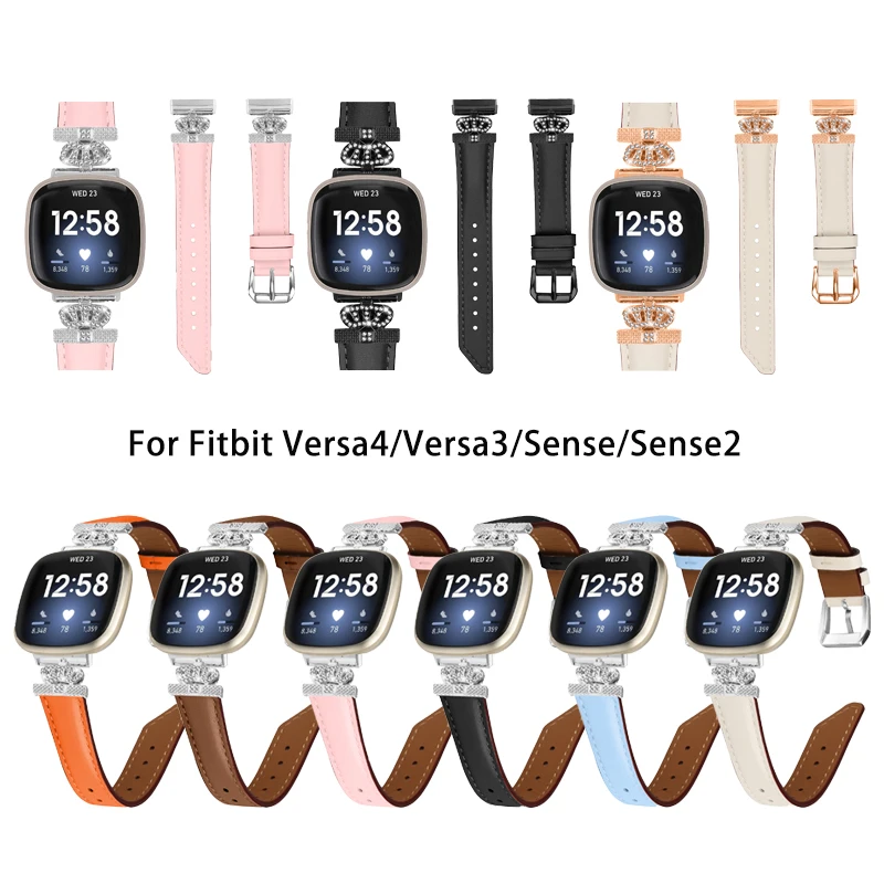 

For fitbit versa 4 smart watch Strap leather + metal crown band for fitbit versa 3 watchband for fitbit sense / sense 2 correa