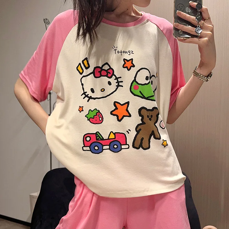 

Милые пижамы с героями аниме Sanrio My Melody Kuromi, с коротким рукавом, с героями мультфильмов, шорты Hello Kitty, комплект домашней одежды