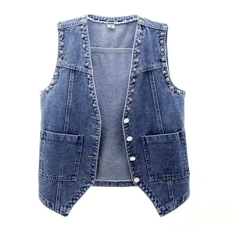 

Spring Summer Denim Jacket V-neck Women Vest Coat Female Rivet Sleeveless Short Jeans Jackets Cowboy Waistcoat