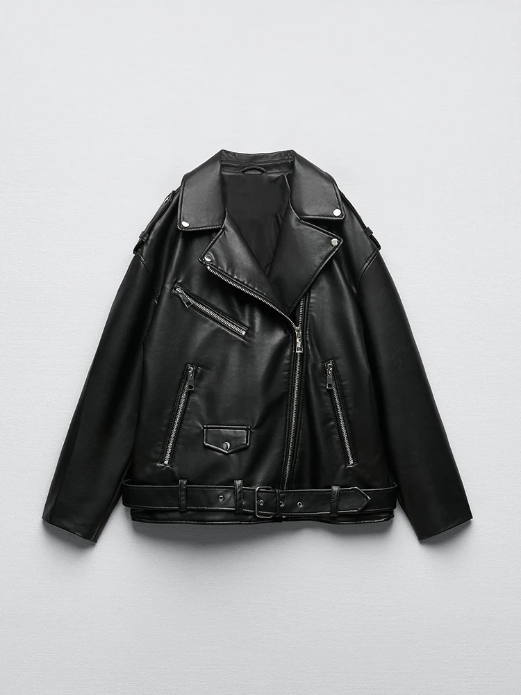 Traf Women Loose Motorcycle Biker Black Pu Faux Leather Jacket with Belt Spring Autumn Female Zipper Coat Outwear Clothes Tops
Traf Women Loose Motorcycle Biker Black Pu Faux Leather Jacket with Belt Spring Autumn Female Zipper Coat Outwear Clothes Tops