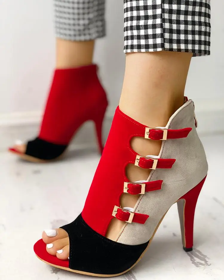 

Casual Women Fashion Cocktail Party Pointed Toe Heeled-Sandals Colorblock Splicing Hollow Out Buckled Thin Heels